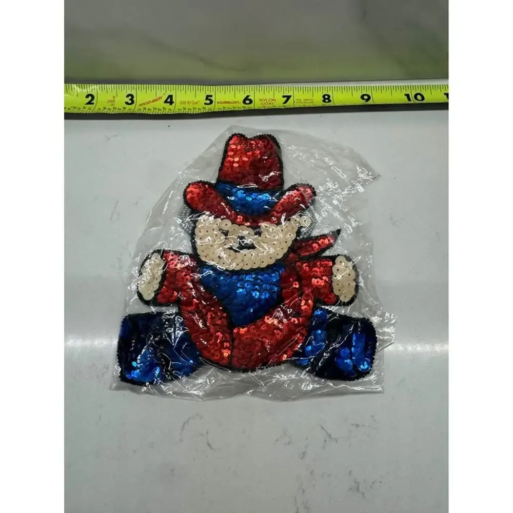 Vintage New Cowboy Teddy Bear Red White Blue Sequin Beaded Patch Appliqué